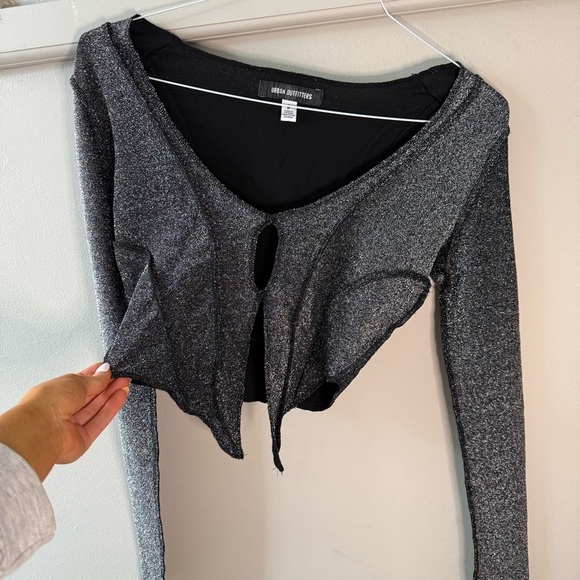 Urban Outfitters Grey and Black Sparkle Cut Out Front Cropped Long Sleeve Seam - Picture 2 of 9